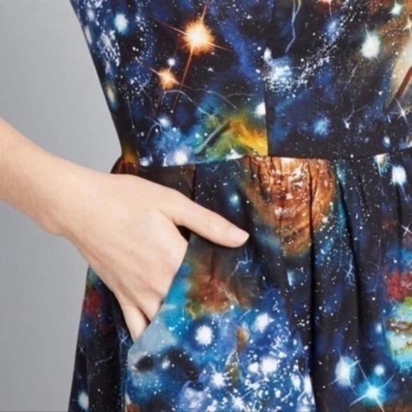 ModCloth Galaxy Space Universe Solar System Fit Flare Dress Pockets Retro Size S - Picture 5 of 14